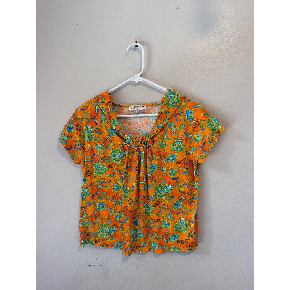 Jones New‎ York Sport Petite Orange Floral Paisley Cotton Short Sleeve Top PM
